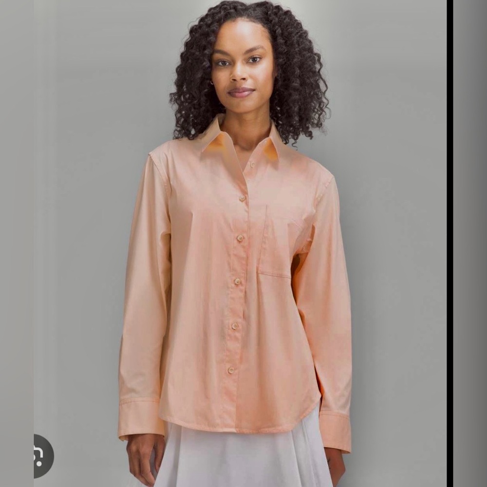 Lululemon Peach Coral Long Sleeve Button Down Shirt Size L Lightweight Work